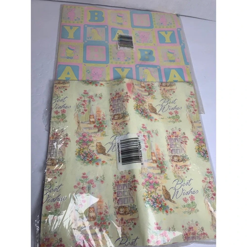 Vintage Gift Wrap Set Baby Shower Blocks & Wedding‎ Best Wishes Cats Floral 2pk